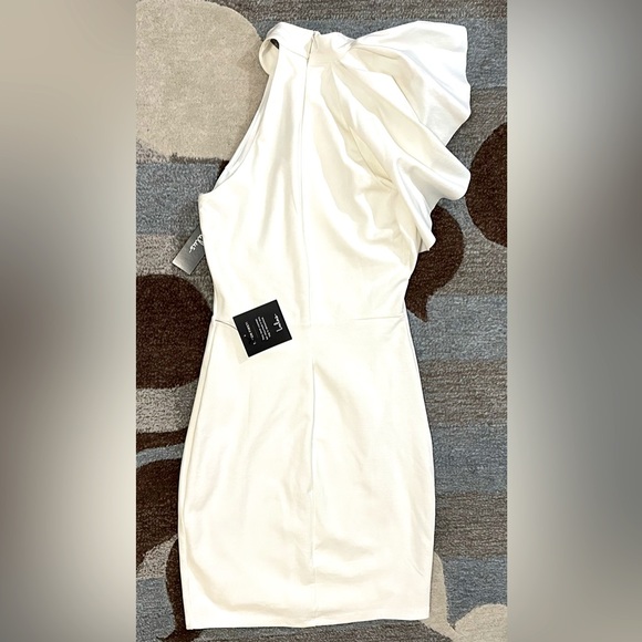 Lulu’s Chic Goals White High Neck One-Shoulder Flutter Sleeve Skater Dress - Picture 3 of 8